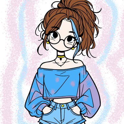 girl with a messy ponytail glasses a baggy crop top and jean shorts