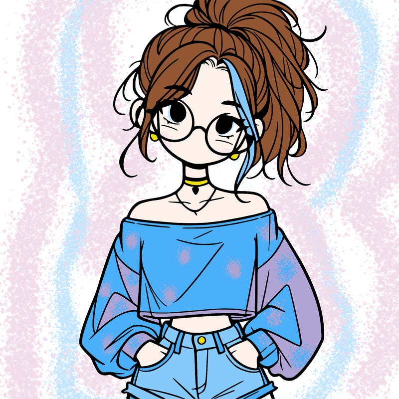 girl with a messy ponytail glasses a baggy crop top and jean shorts