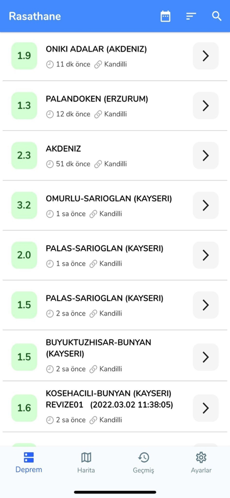 Rasathane - Interface of the Rasathane app displaying a list of recent seismic events in Turkey including magnitudes and locations