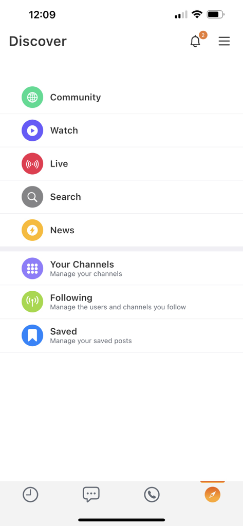 SafeChat — Secure Chat & Share - SafeChat app Discover screen showing menu options for Community Watch Live Search and News