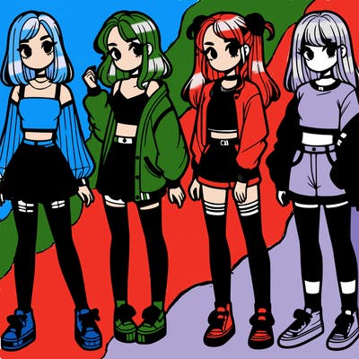 one girl with crop-top shirt and a jacket with a skirt, long socks and another girl with a shirt and pants with a jacket