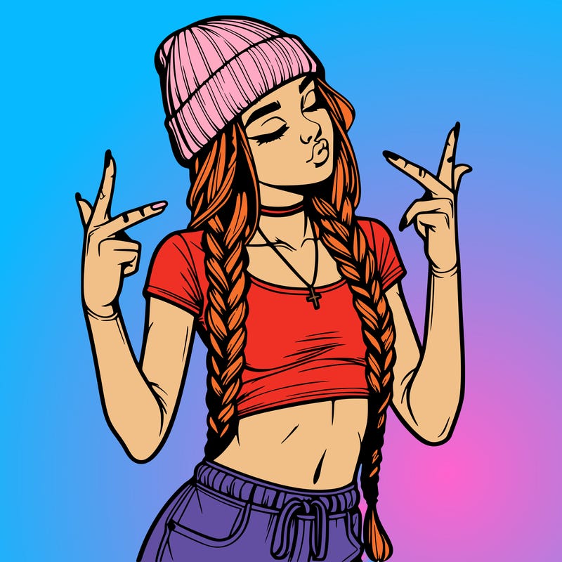 realistic teenage girl with braids and a beanie and crop top doing 🫶🏼