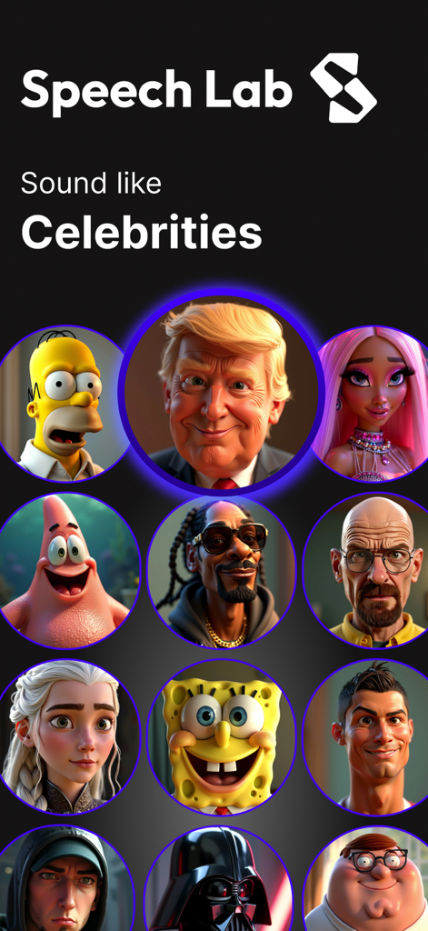 Speech Lab - Voicemod TTS - Speech Lab app interface featuring a library of AI celebrity and cartoon character voice profiles for text to speech.