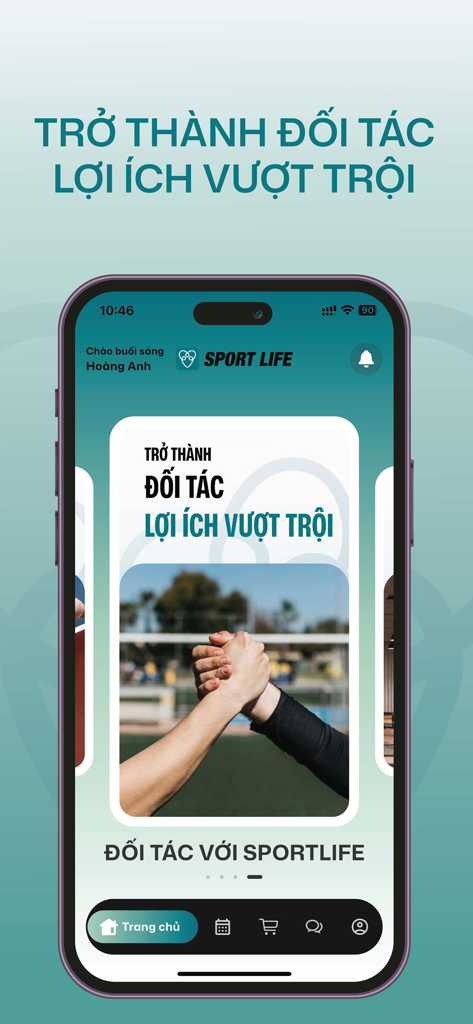 Sport Life - Smartphone mostrando la pantalla de beneficios para socios de la aplicación Sport Life con una imagen de apretón de manos