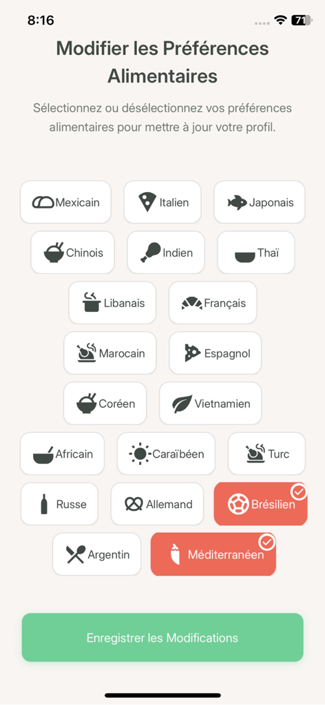 Kook app interface showing a grid of various global cuisine options for personalizing AI meal recommendations