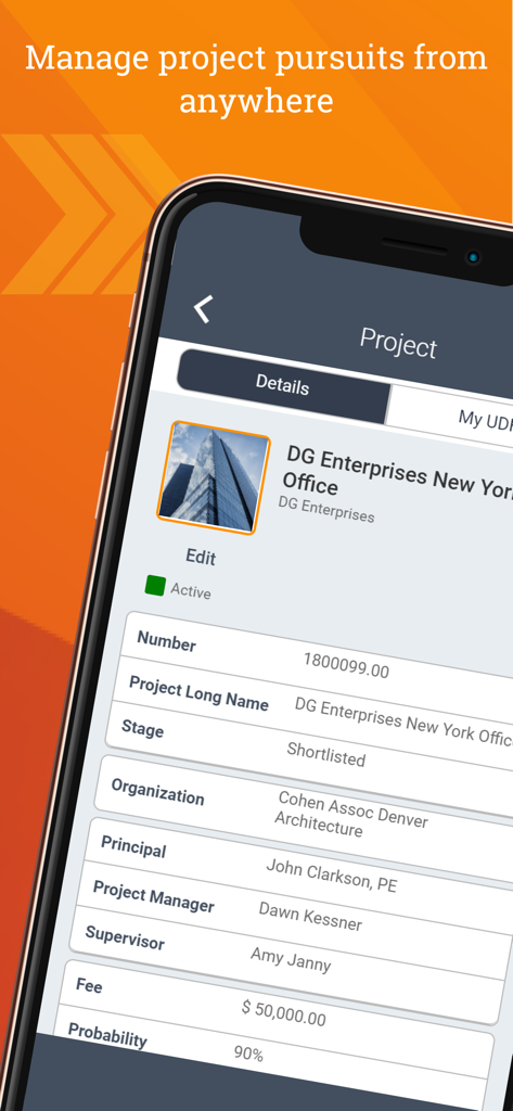 Deltek CRM for Vantagepoint - Mobile app interface of Deltek CRM for Vantagepoint showing details for a project pursuit including project manager, fee, and probability.