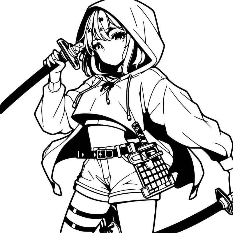 anime girl in a hoodie in a crop top and shorts with eyes holding a sword in a cool pose with no one else, just by herself