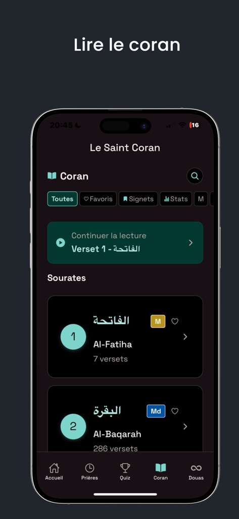 A screenshot of the Tayssir app showing the Holy Quran section with a list of surahs like Al-Fatiha and Al-Baqarah in a clean dark mode interface.