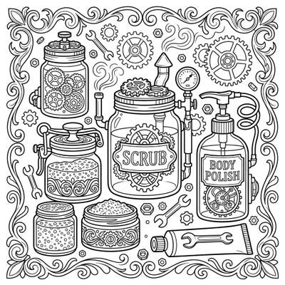 Explore a captivating blend of vintage engineering and modern skincare with this unique Steampunk Exfoliants coloring page. Delve into a world where beauty products are powered by gears and steam, offering an exciting and intricate artistic challenge.