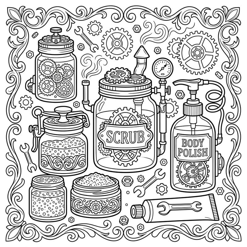 Explore a captivating blend of vintage engineering and modern skincare with this unique Steampunk Exfoliants coloring page. Delve into a world where beauty products are powered by gears and steam, offering an exciting and intricate artistic challenge.