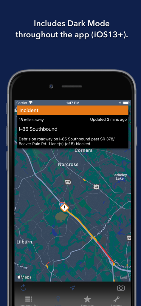 Interface do aplicativo Estradas do Estado da Geórgia no modo escuro mostrando um incidente de trânsito na I-85