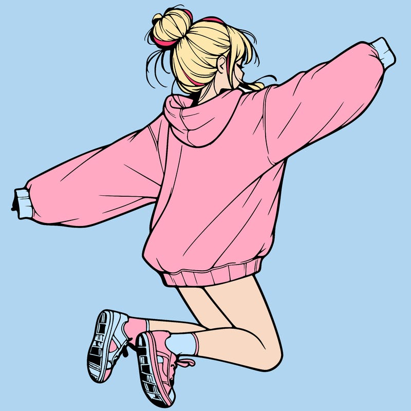 realistic girl jumping with a bun and oversized sweatshirt
