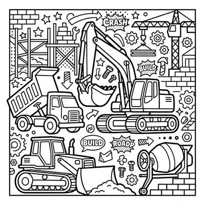 Get ready for an explosion of color with this dynamic Pop Art construction coloring page! Featuring powerful vehicles and tools, it's a vibrant scene waiting for your artistic touch.