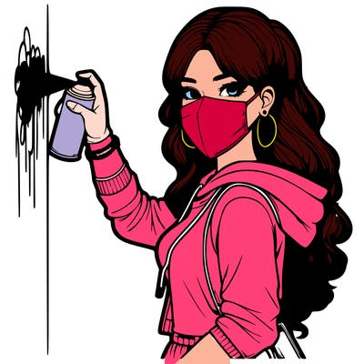 realistic girl with mask spray painting a wall