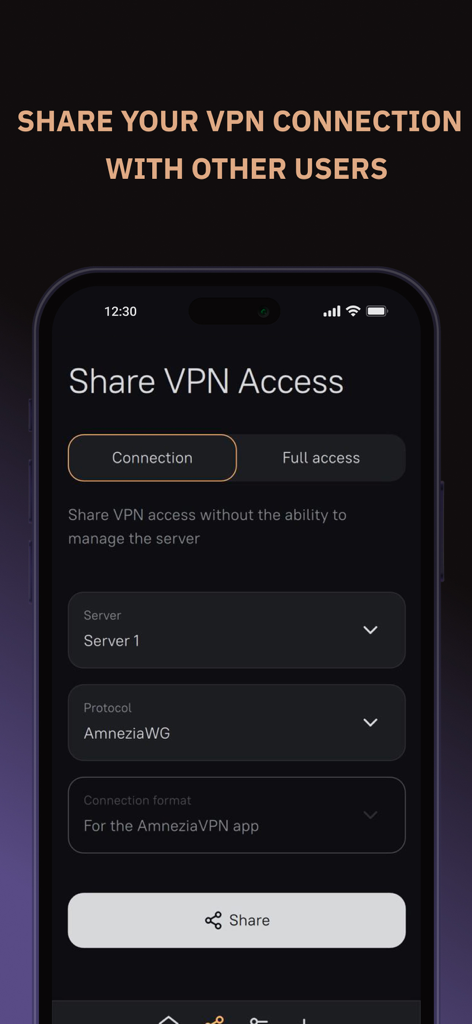 AmneziaVPN - AmneziaVPN app screen showing options to share VPN access with other users using different protocols like AmneziaWG.