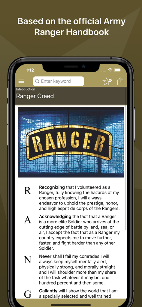 Army Ranger Handbook mobile app showing the Ranger Creed page