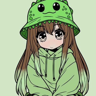 girl with anime shaped eyes with a dinosaur bucket hat oversized sweatshirt long straight hair