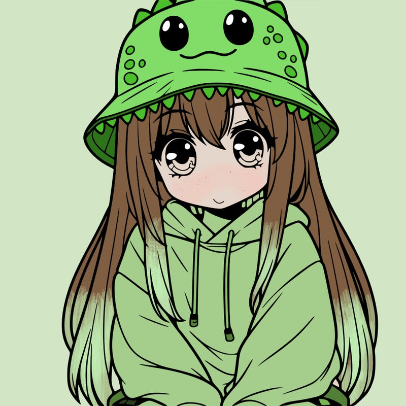 girl with anime shaped eyes with a dinosaur bucket hat oversized sweatshirt long straight hair