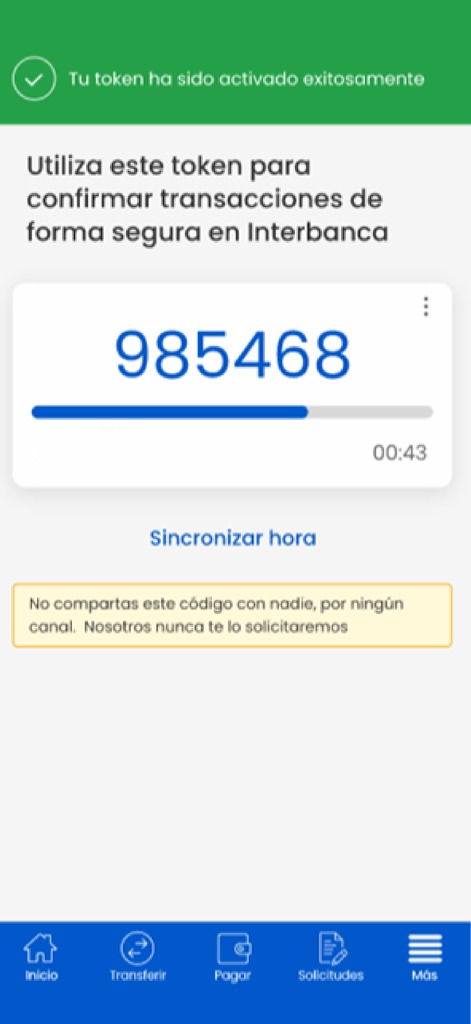 Ficohsa - Capture d'écran de l'application mobile Ficohsa montrant un jeton de sécurité à six chiffres pour la confirmation de transaction