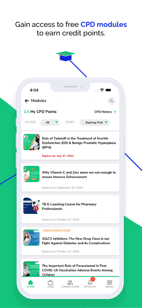 SwipeRx - SwipeRx app screen showing a list of free CPD modules for pharmacy professionals to earn credit points.