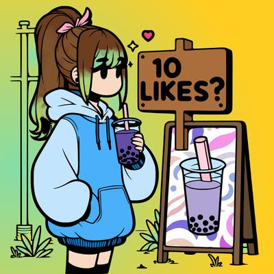 girl with oversized hoodie drinking boba and she has a high ponytail with a sign that says 10likes?