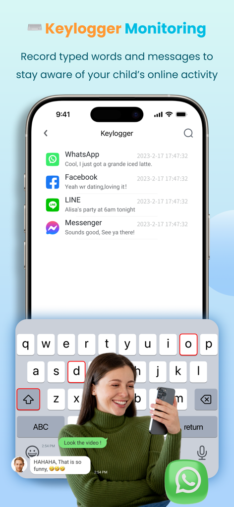 Interfaz de monitoreo de KidsGuard Pro que muestra mensajes registrados de aplicaciones sociales como WhatsApp y Facebook para el monitoreo parental.