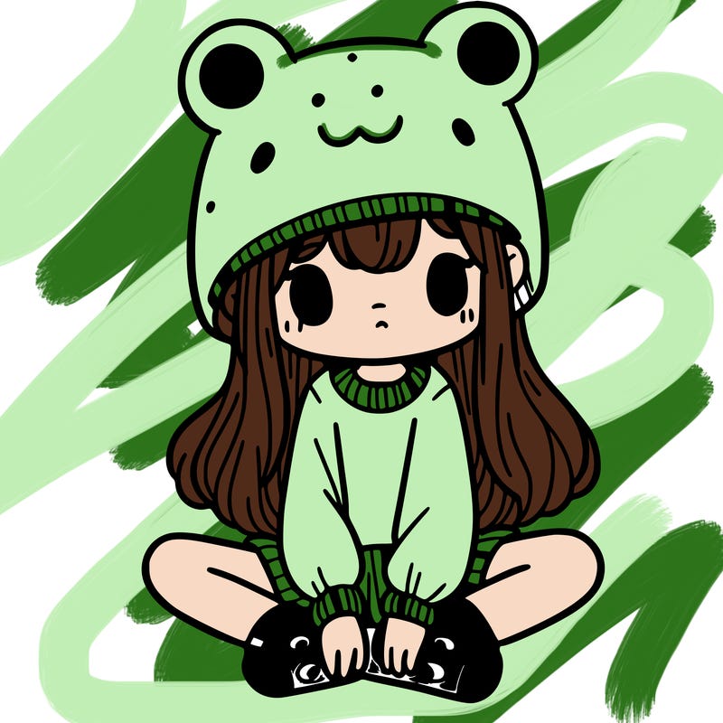 a girl wearing a frog hat and some frog socks
