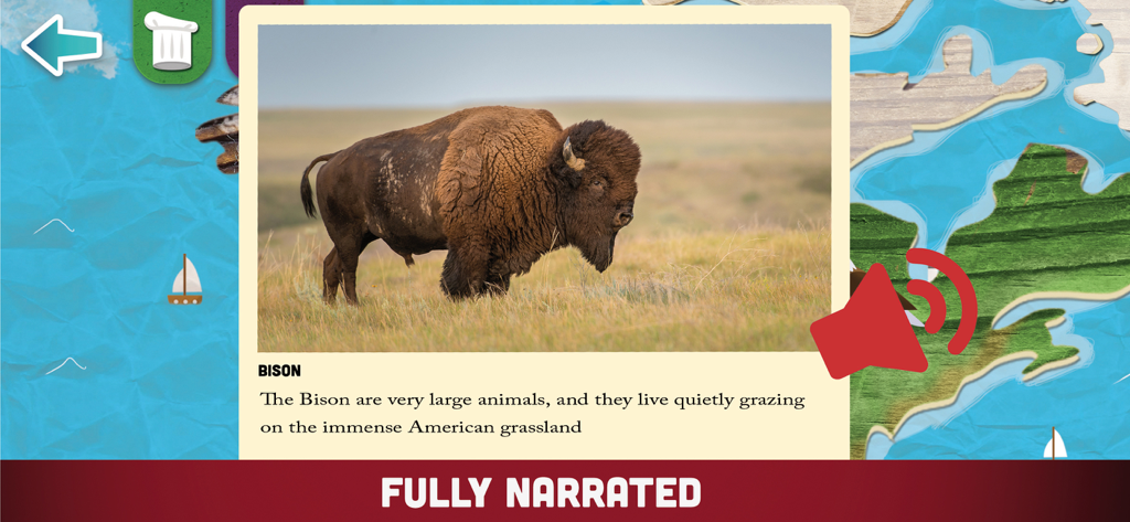 Educational screen showing a bison with narration feature in the My First World Atlas app