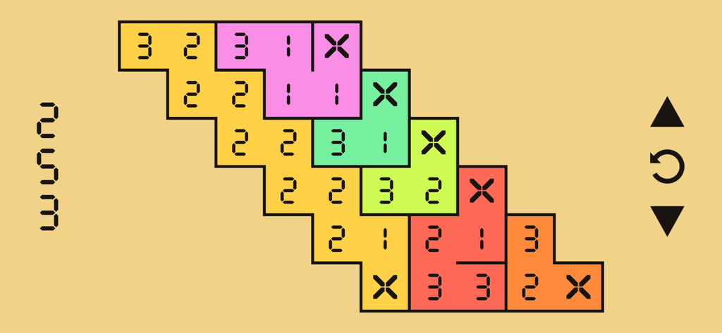 A colorful minimalist grid puzzle from the game Cardinal Chains showing non-decreasing number sequences