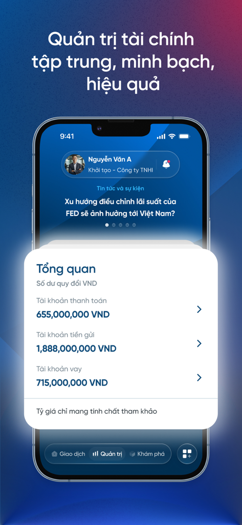 VietinBank eFAST One - Interfaz de la aplicación VietinBank eFAST One que muestra un panel financiero empresarial con saldos de cuenta y herramientas de gestión.