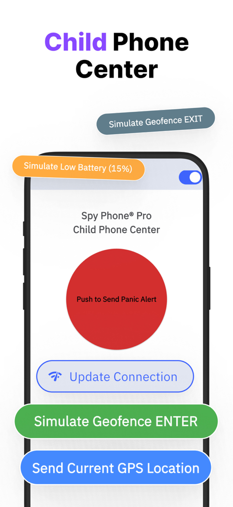 Interface de l'application Spy Phone Pro pour le Centre de Téléphone Enfant avec un bouton d'alerte panique et des options de suivi de localisation.
