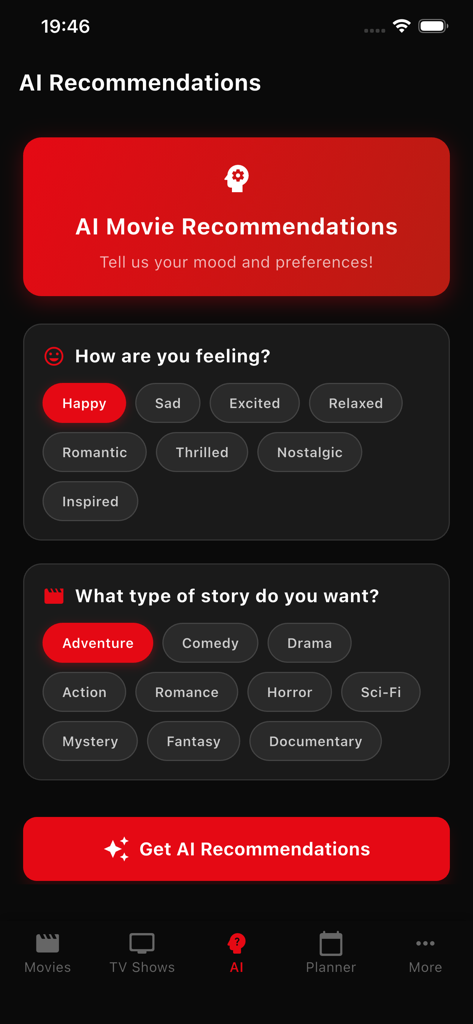 NetMirror app interface showing AI movie recommendations based on user mood and genre preferences.