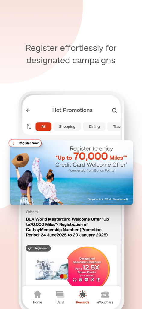 Bildschirm der BEA Mall App, der aktuelle Angebote und ein Willkommensangebot für Kreditkartenmeilen anzeigt.