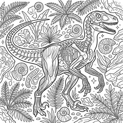 Delve into the fascinating world of dinosaurs with this intricate Velociraptor anatomy coloring page, specifically designed for teens. Explore its skeletal and muscular structure set against a vibrant prehistoric backdrop.