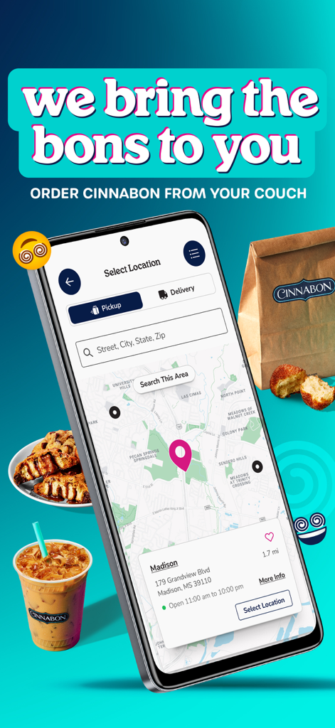 Cinnabon - Cinnabon mobile app screen showing the bakery location finder for pickup and delivery options.