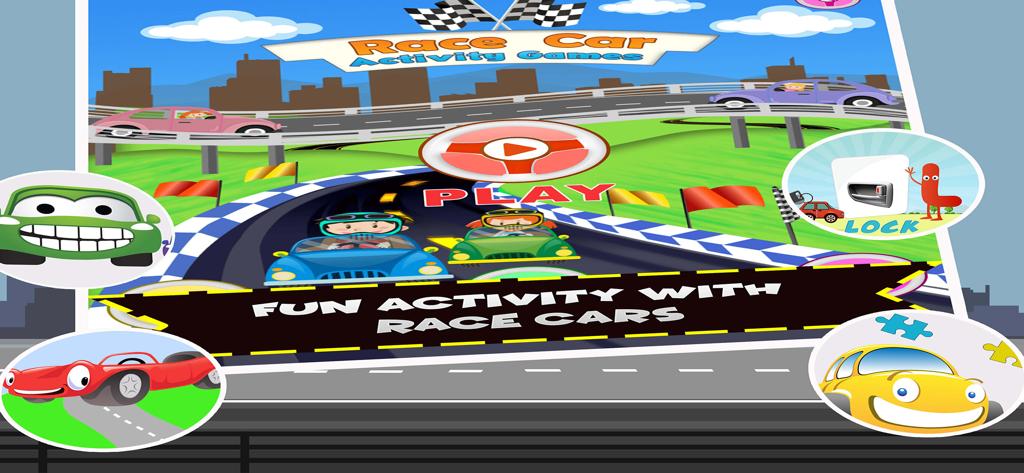 Main screen of the Cars Alphabet for Kids app showing various race car themed educational activities