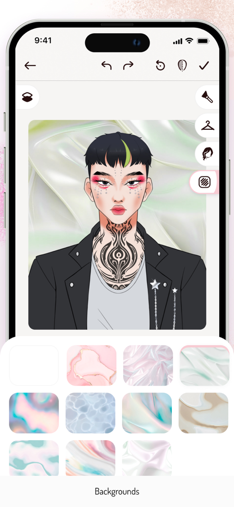Makeup Studio: Pro Sketchbook - A digital character with bold red eye makeup and tattoos in the Makeup Studio app showing a selection of aesthetic background textures