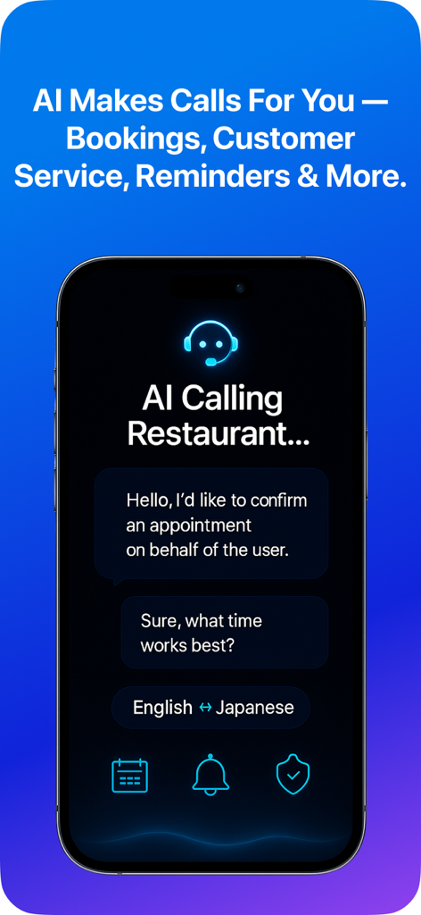 AI Call:Phone Translator&Agent - AI Call App-Bildschirm, der einen automatisierten Agenten zeigt, der mit Live-Übersetzung zwischen Englisch und Japanisch einen Restauranttermin bucht