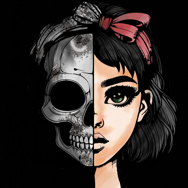 realistic girl with half skull mask