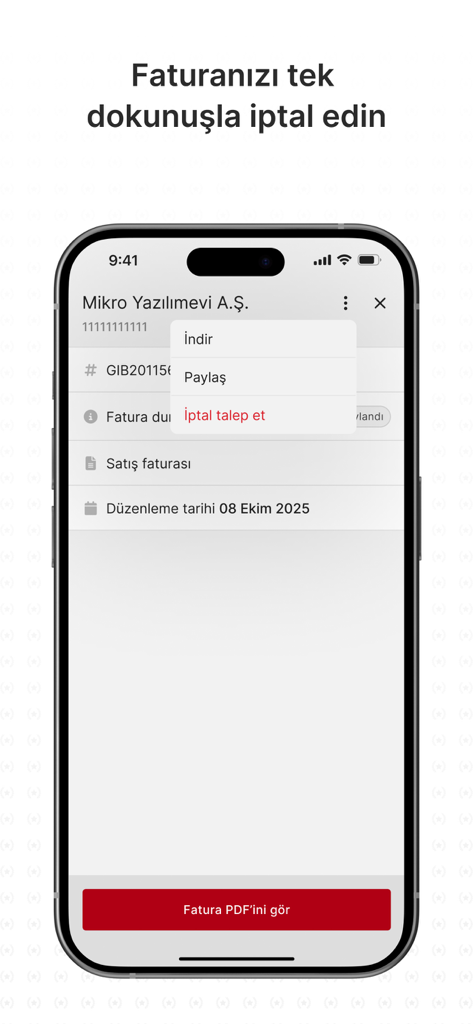 e-Arşiv Fatura Portal - Interface of the e-Arşiv Fatura Portal app displaying invoice details and a cancellation request menu option.