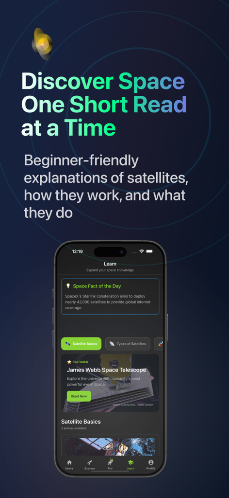 SpaceSight24 ISS & Starlink - Educational screen of SpaceSight24 app showing satellite facts and space telescope articles