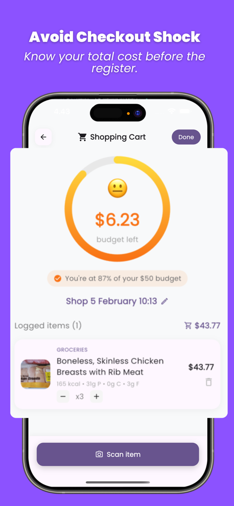 Cart - AI Smart Budget Tracker - A interface do aplicativo Cart AI mostrando um total de carrinho de compras em tempo real e o orçamento restante para mantimentos.