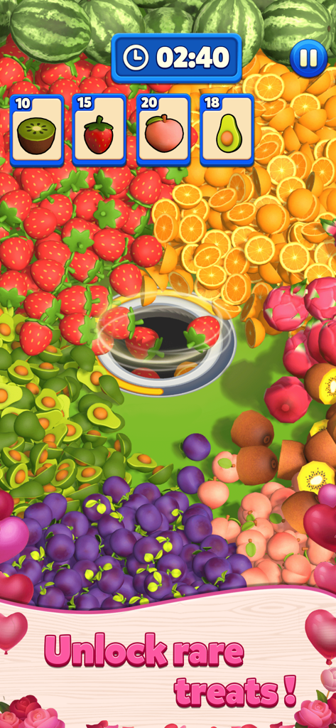 Hole Busters 3D - A black hole swallowing strawberries on a screen filled with colorful fruit in the game Hole Busters 3D