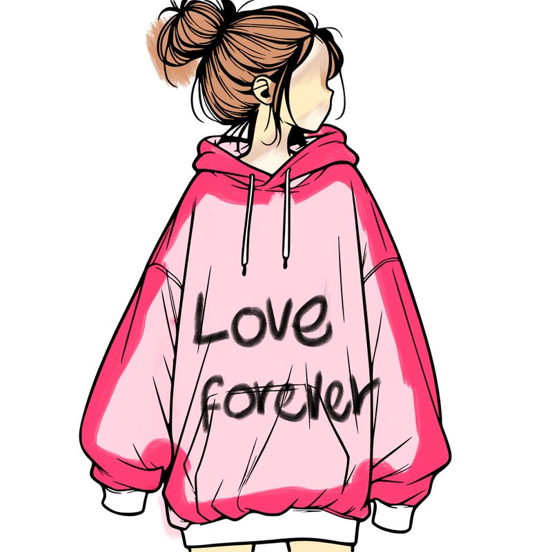 realistic girl with a oversized sweatshirt on and a bun