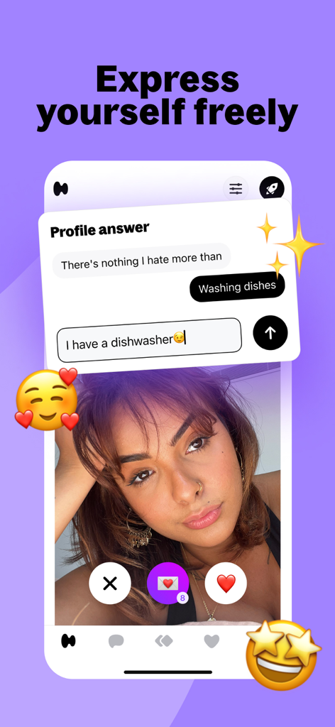 Hily dating app interface showing a profile answer icebreaker feature with an interactive conversation starter.