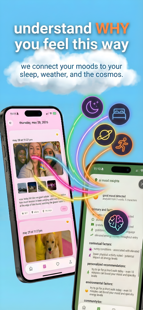 yap: dream astrology journal - Yap app interface showing AI mood insights and video journal entries connected to sleep weather and astrological data