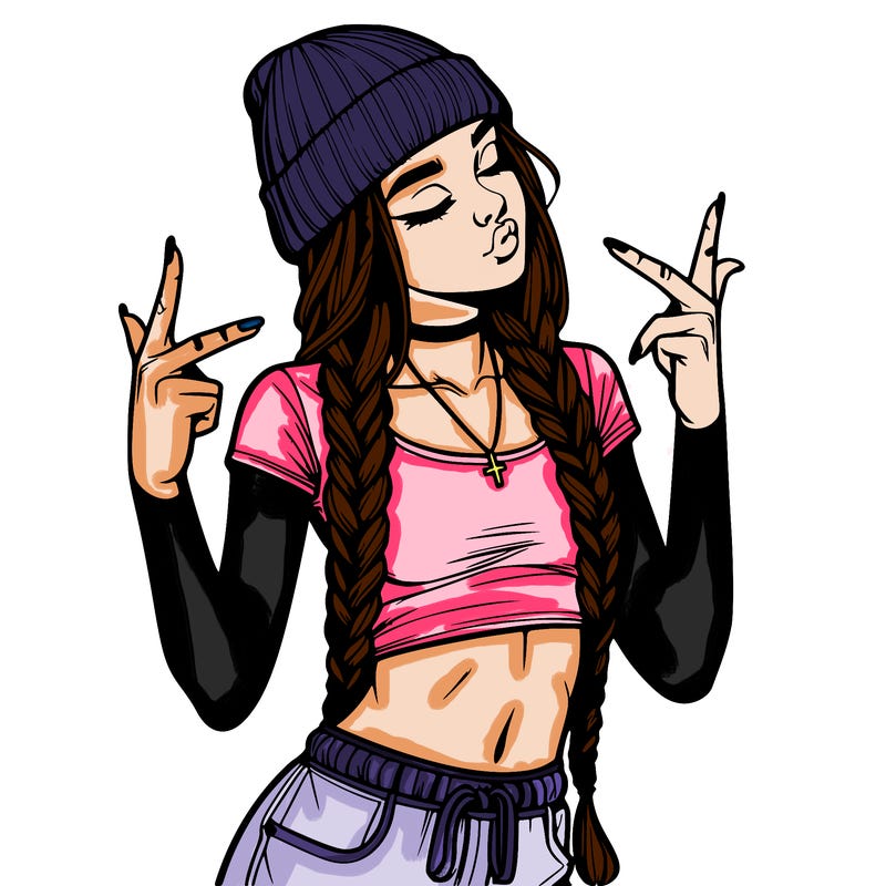 realistic teenage girl with braids and a beanie and crop top doing 🫶🏼