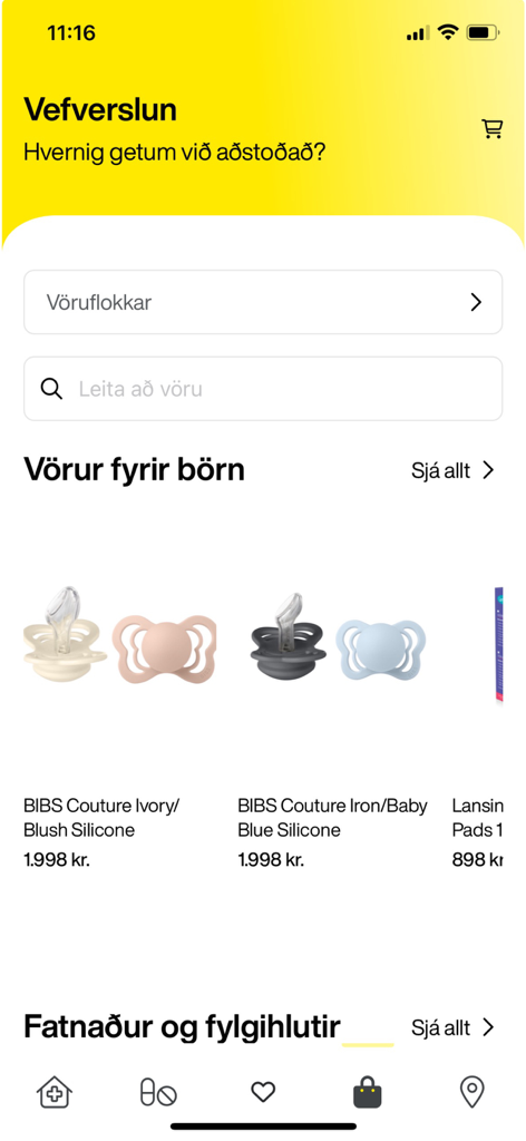 Apótekarinn - Mobile app interface for Apótekarinn showing a catalog of baby products including pacifiers.