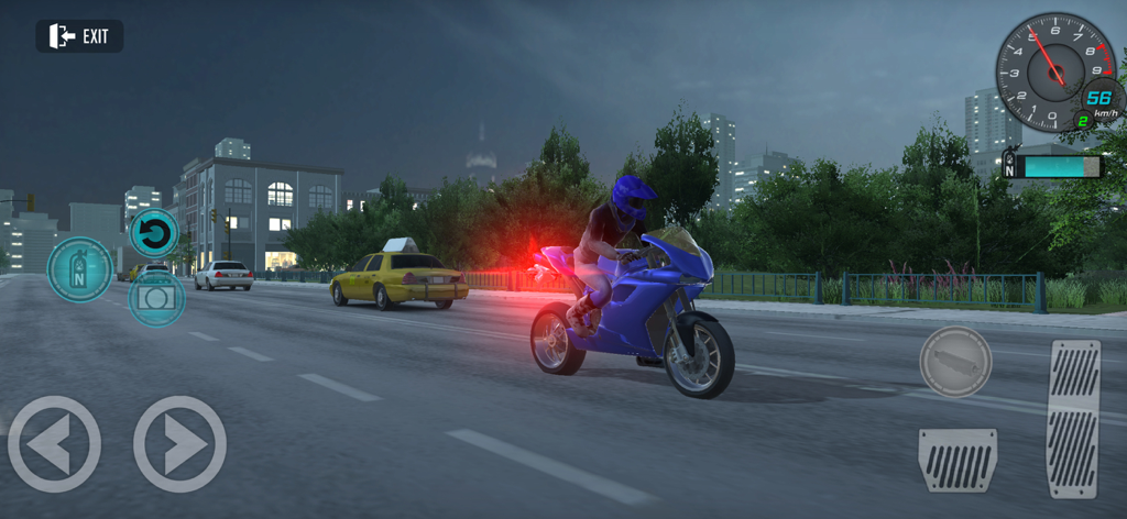 Motorcycle Driving Bike Racing - A blue motorcycle driving through city streets in a 3D bike racing simulator with realistic traffic