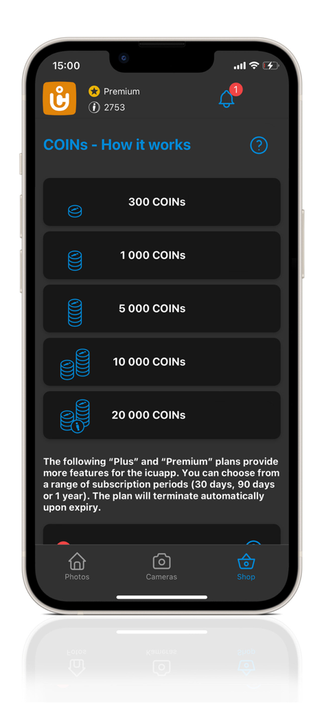 ICU CLOM APP - Shop screen of the ICU CLOM APP showing coin packages and subscription plan options for wildlife camera management.